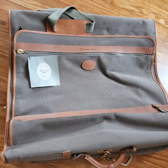CHRISTIAN Dior VINTAGE BAGAGES Gray and Brown Luggage Bag with Leather Trim